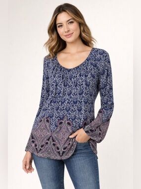 Lizwear Top Blue Floral Printed Long Sleeve Peasant Mesh